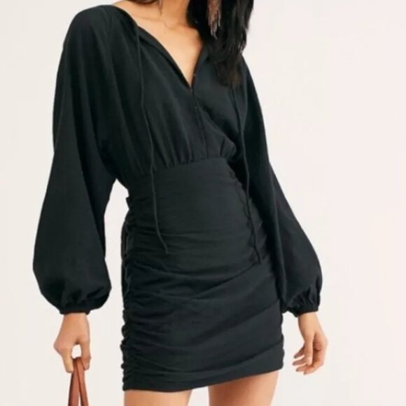 Free People Women's Small Mini Dress Black Long Sleeve Ruched Tie Waist Party - Picture 1 of 5